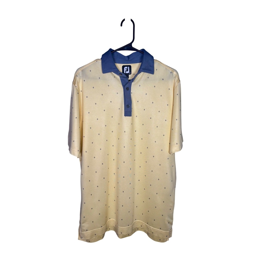 FootJoy Mens Yellow Diamond Print Golf Polo Shirt Blue Size M Short Sleeve